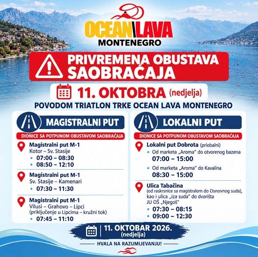 Obavještenje organizatora triatlona o terminima obustave saobraćaja 11. oktobra